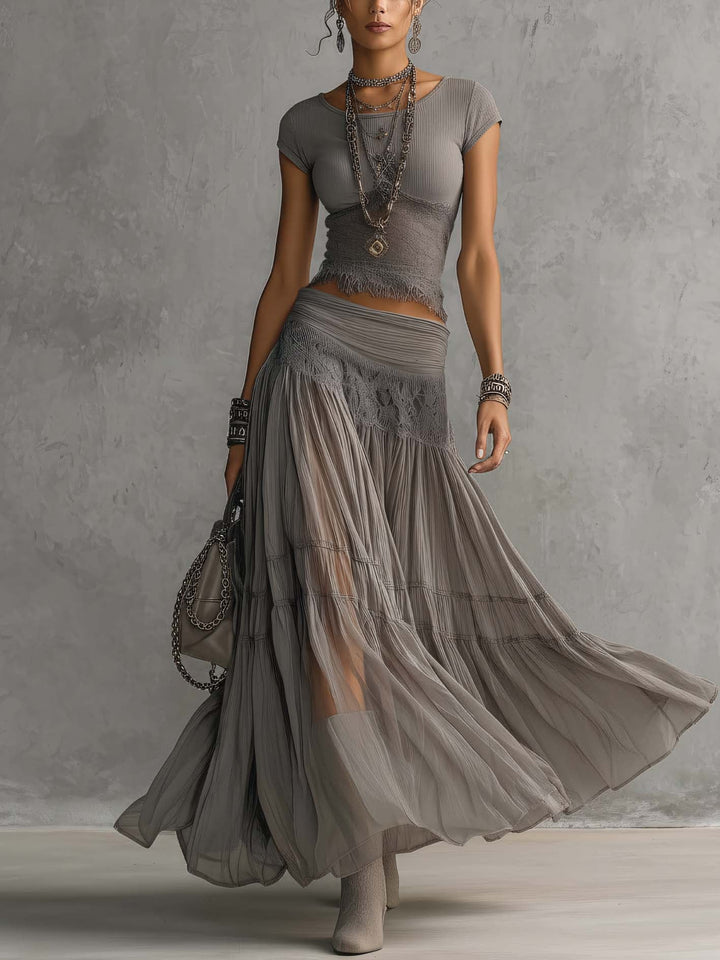 Alba™ | Conjunto Gris: Top de Encaje y Falda Plisada Larga