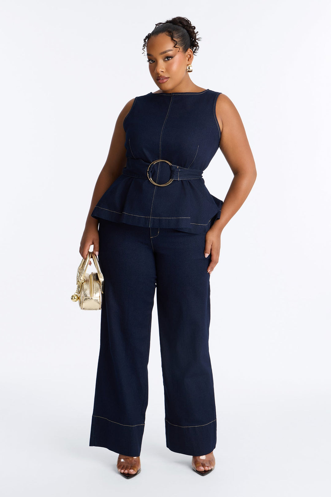 Keli Belted Peplum Denim Pant Set - Dark Denim