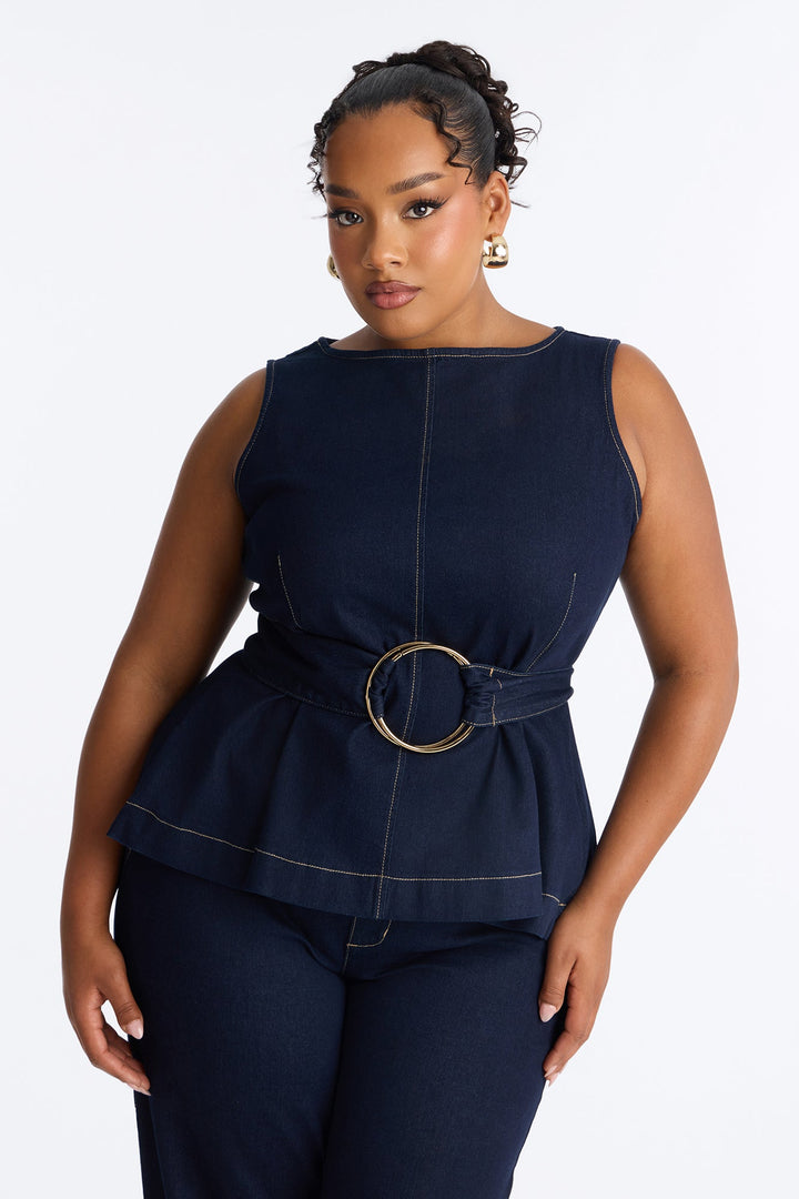 Keli Belted Peplum Denim Pant Set - Dark Denim