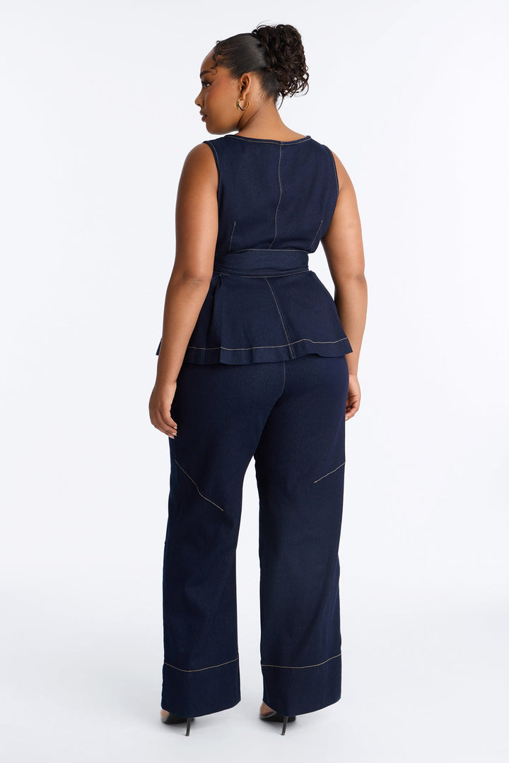 Keli Belted Peplum Denim Pant Set - Dark Denim