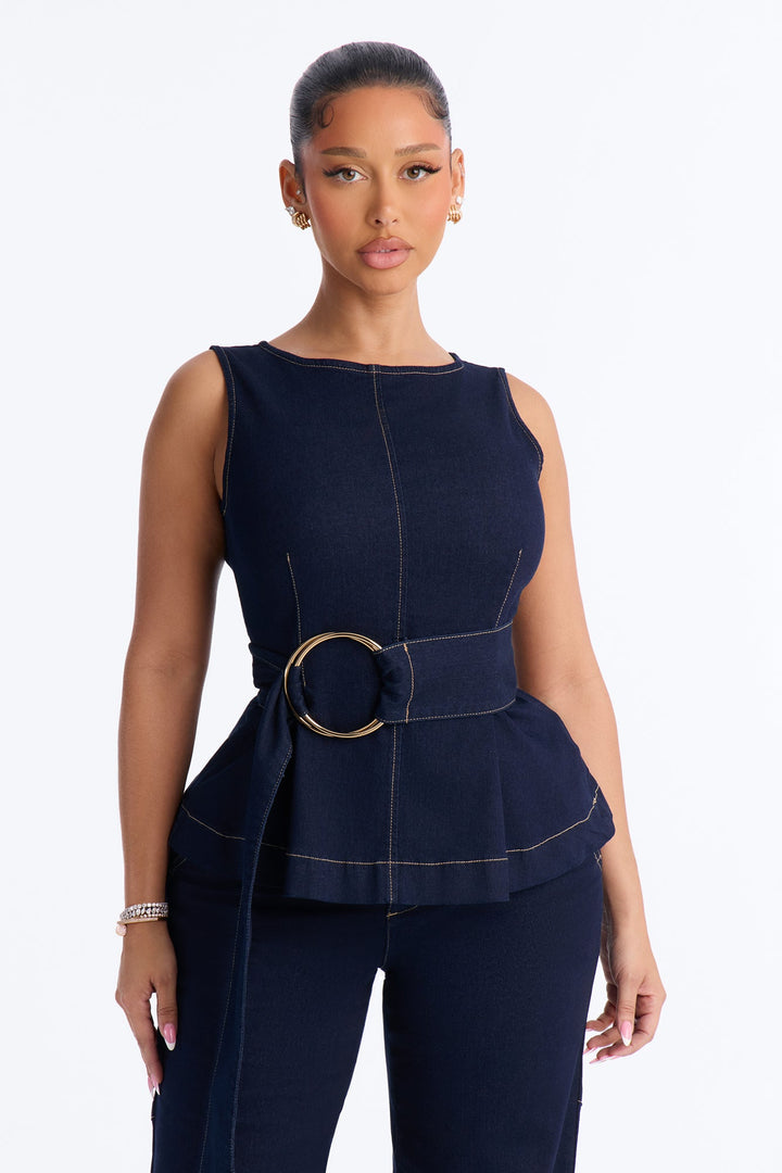 Keli Belted Peplum Denim Pant Set - Dark Denim