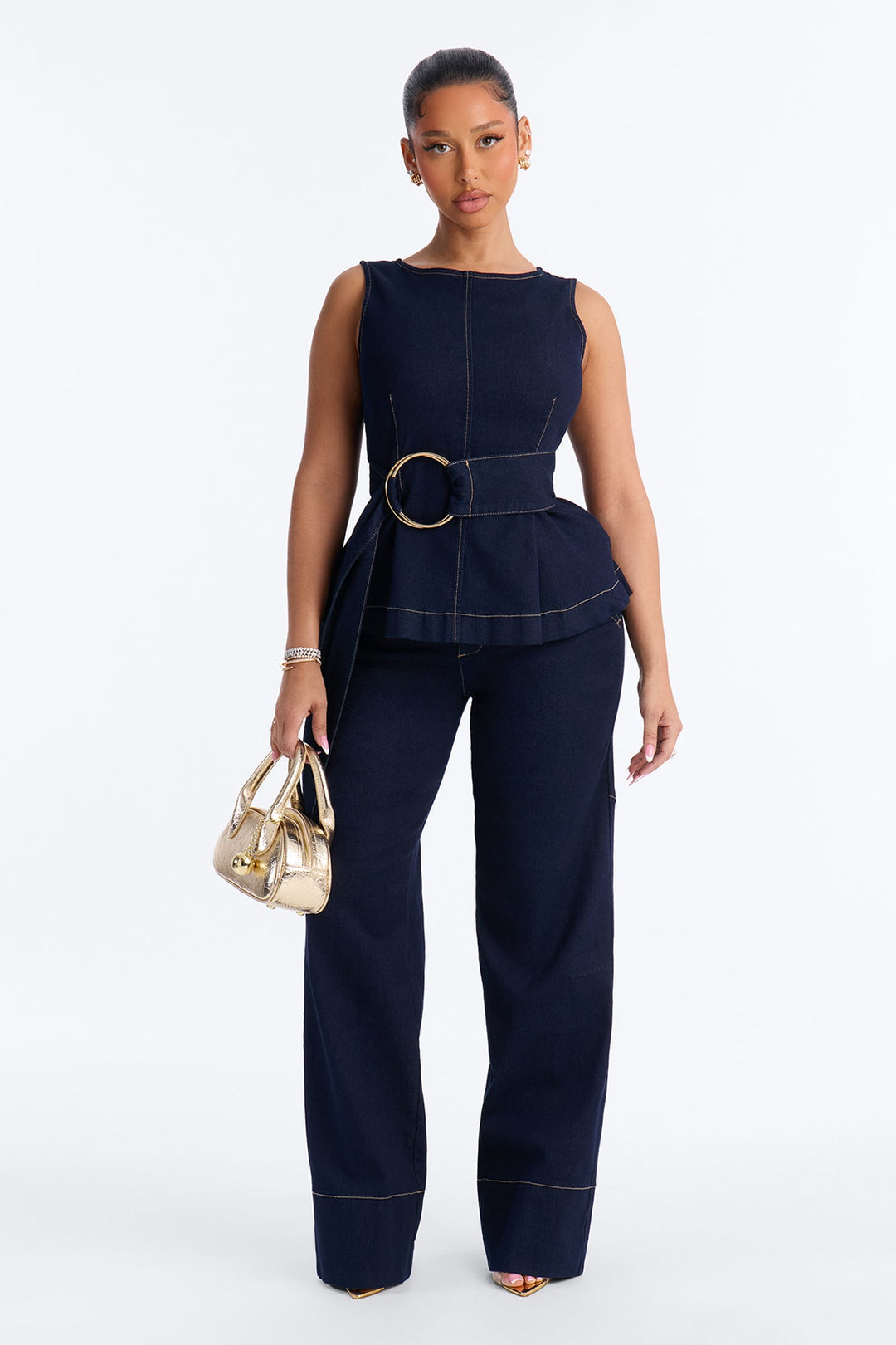 Keli Belted Peplum Denim Pant Set - Dark Denim