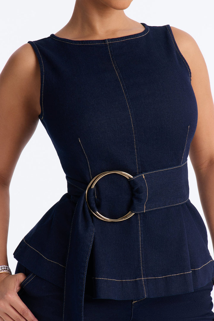 Keli Belted Peplum Denim Pant Set - Dark Denim
