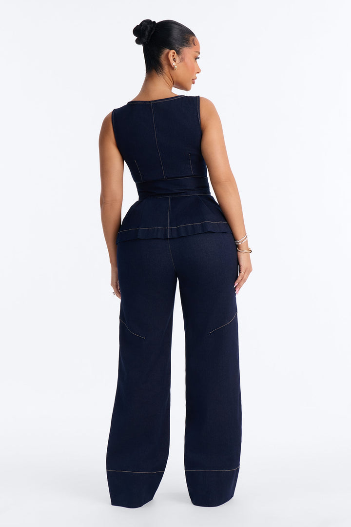 Keli Belted Peplum Denim Pant Set - Dark Denim