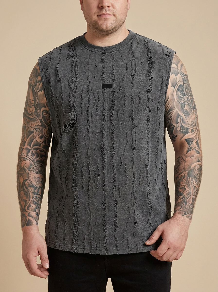 Chaleco Callejero gris oscuro, vista frontal modelo corpulento