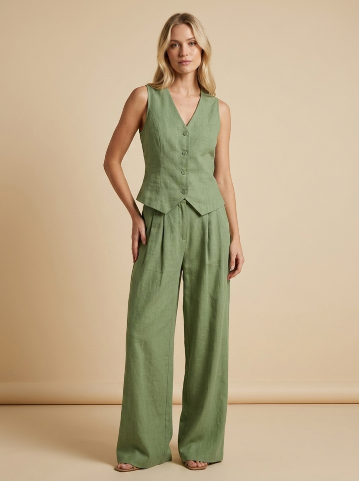 Elena conjunto verde modelo delgada frontal