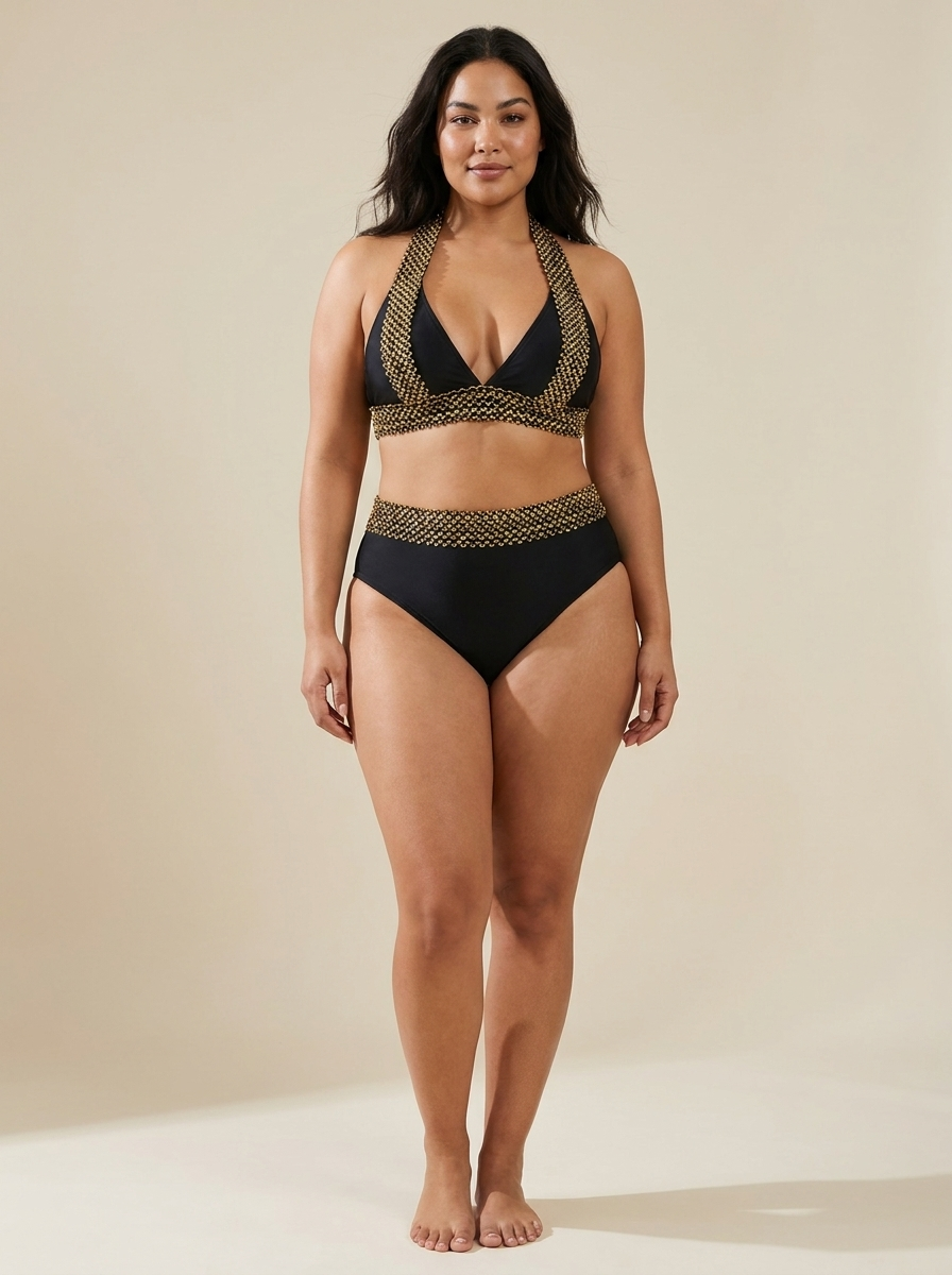 Alba bikini eslabón dorado negro delante modelo curvy