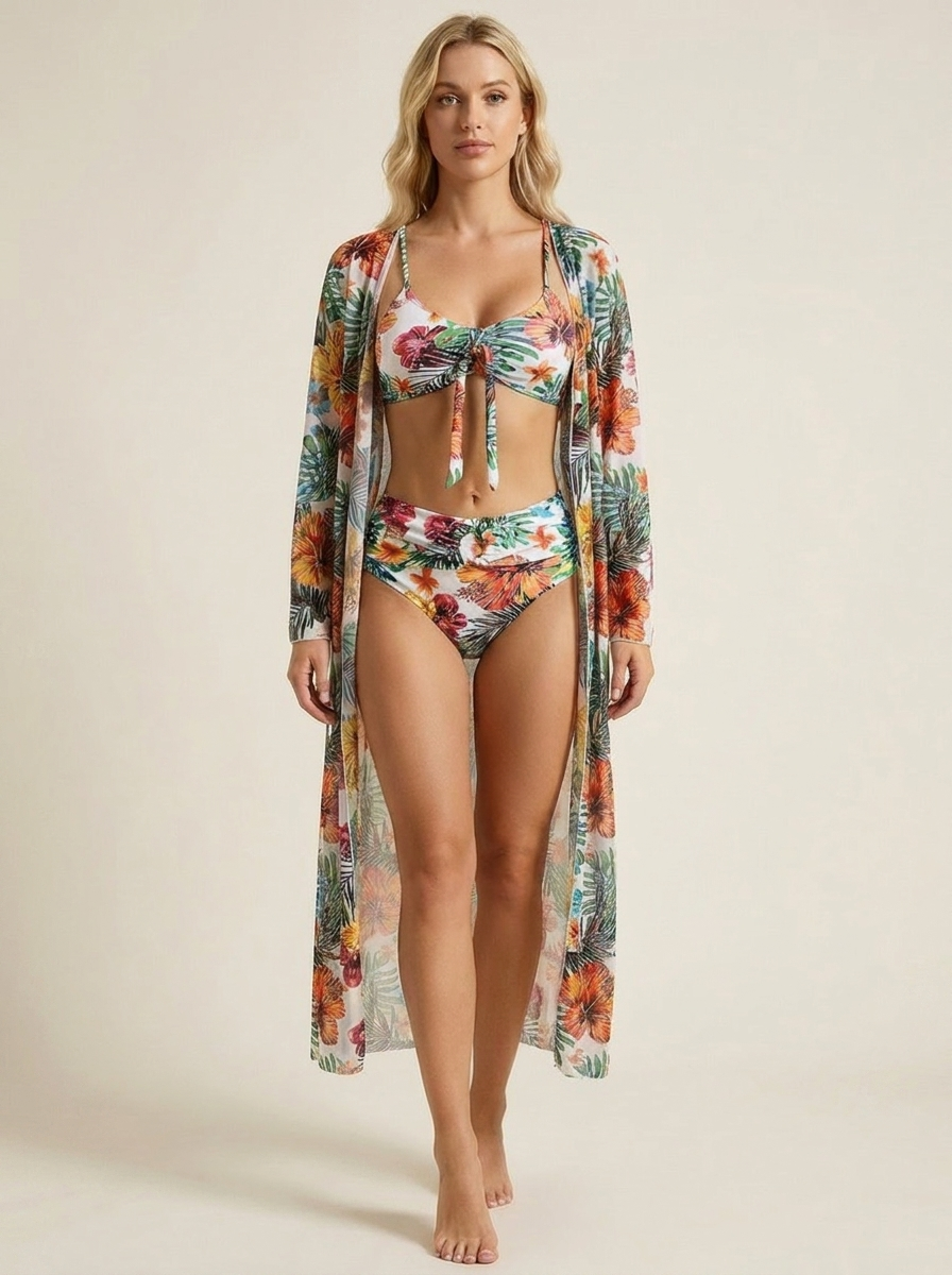 Marina conjunto bikini kimono tropical delante rubia