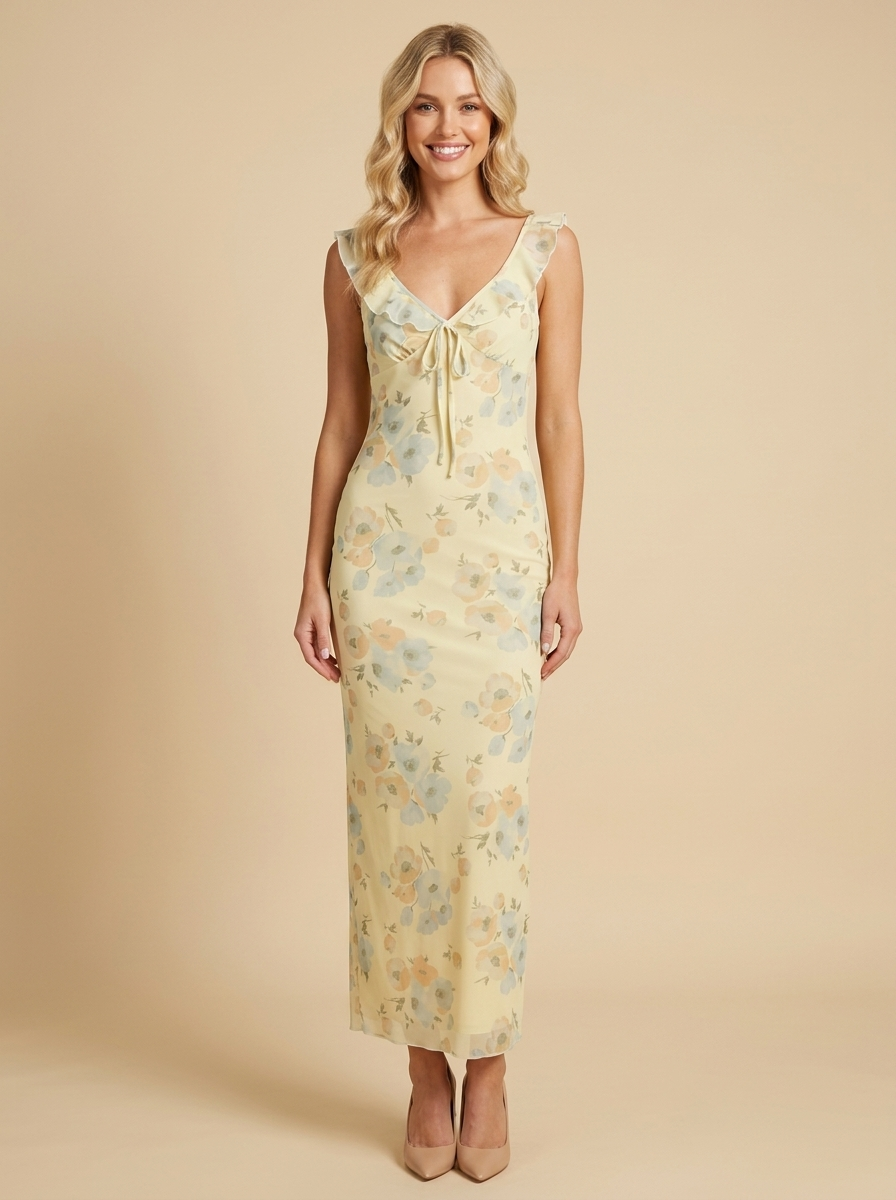 Iris Vestido Maxi Floral Coquette Amarillo - vista frontal