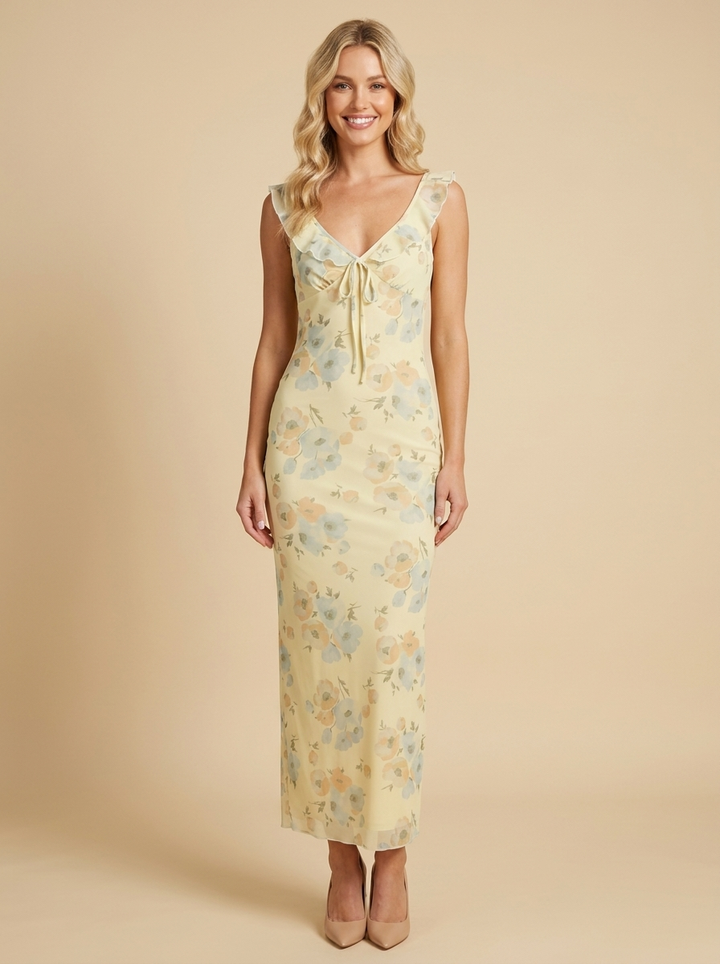 Iris Vestido Maxi Floral Coquette Amarillo - vista frontal