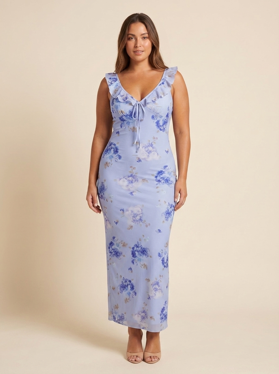 Iris Vestido Maxi Floral Coquette Azul - vista frontal