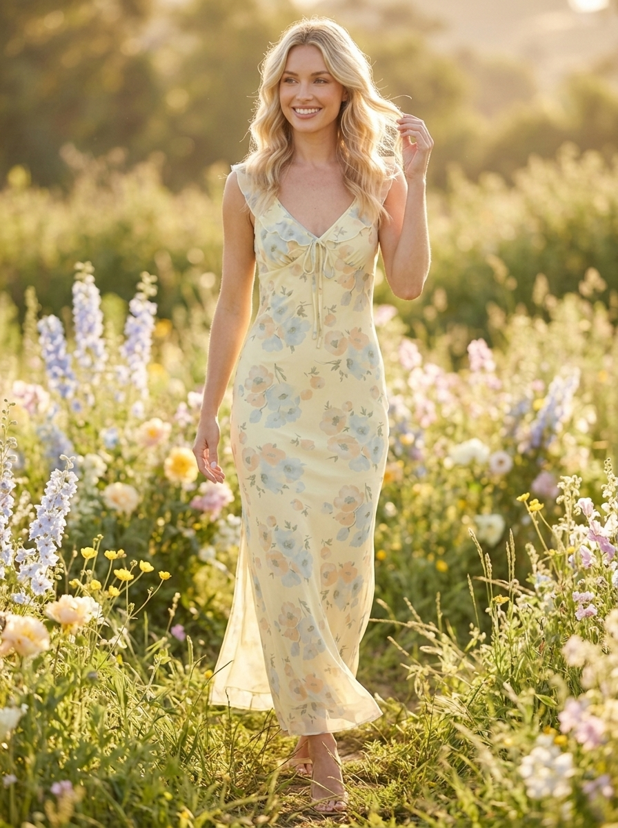 Iris Vestido Maxi Floral Coquette Amarillo - lifestyle jardín